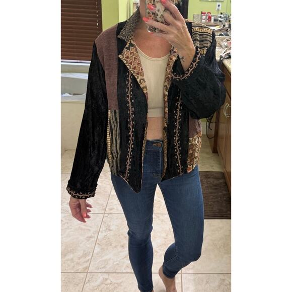 90s Tapestry & velour blazer jacket Neo Nostalgia Vintage patchwork Brown Medium - Picture 2 of 10